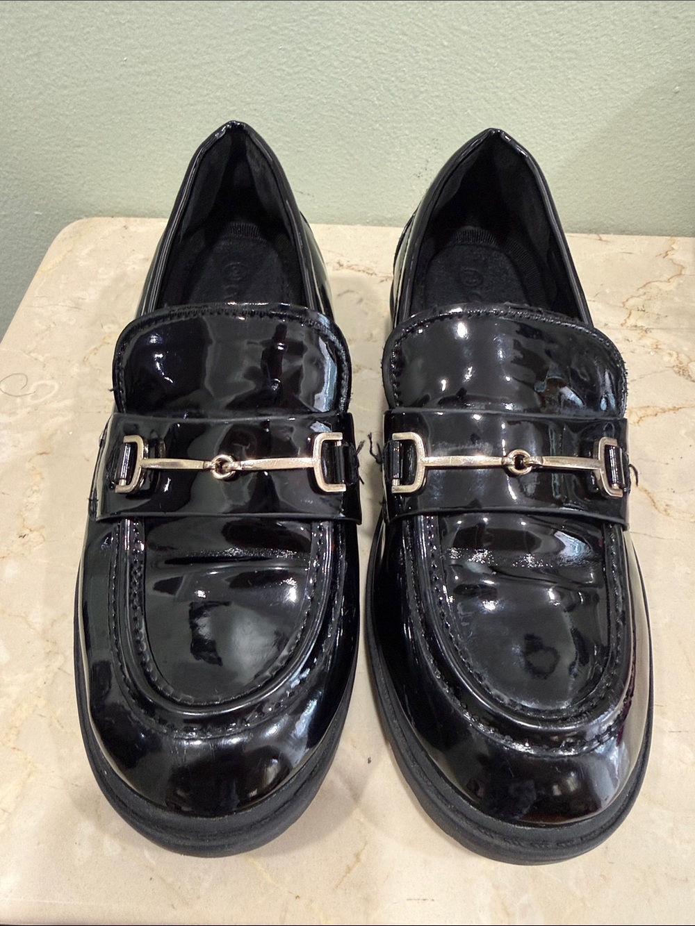 Kids Black Patent Moccasin Loafers with Gold-Tone Bit